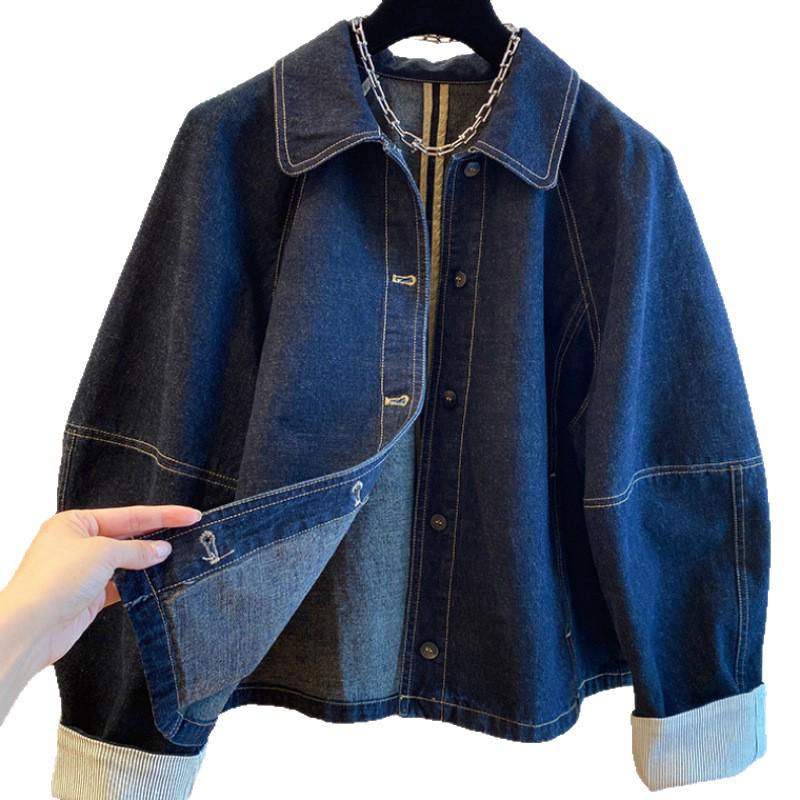 Dámská Retro tmavě modrá džínová bunda s patchworkovými manžetami - Korejský styl, Volný střih, na jaro a podzim 2025