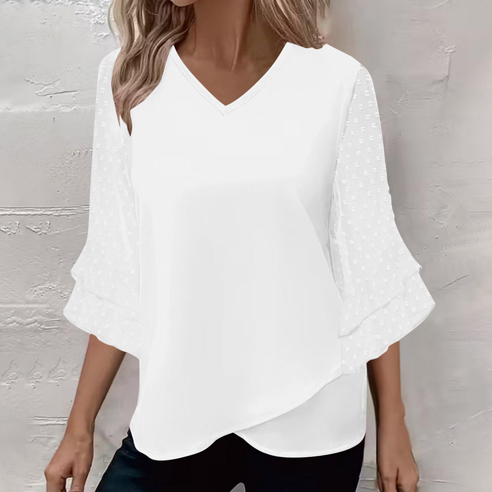 

Women s Fashion Solid-Colour V-Neck Three-Quarter Sleeve Patchwork Relaxed-Fit T-Shirt Top XL білий