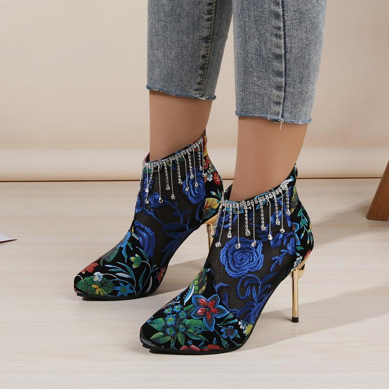 

Large size fashion boots women s new high heel fine heel wind embroidered bag head low tube single boots 43 синій