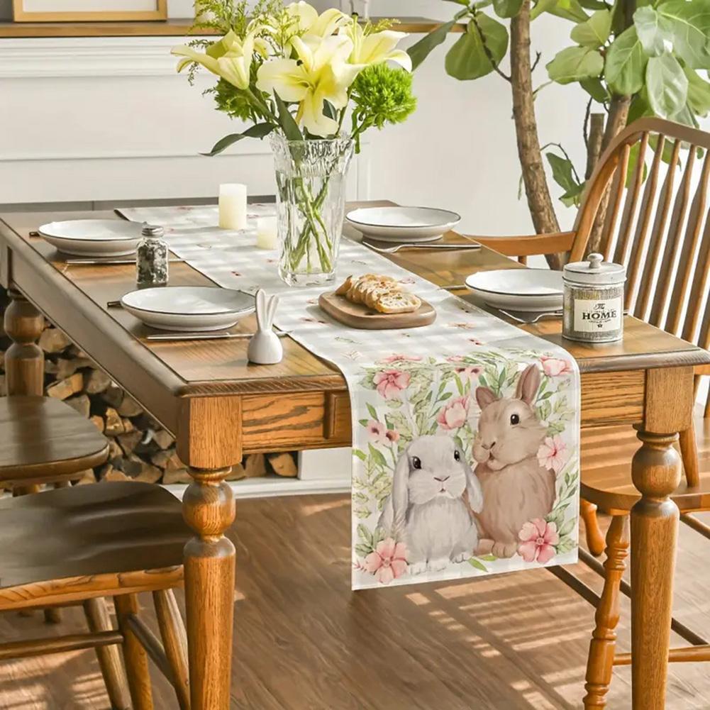 Rabbit Flower Pattern Tablecloth Easter Rabbit Rectangle Table Cloth Easter Rabbits Printed Holiday Table Cloth for Dining Table