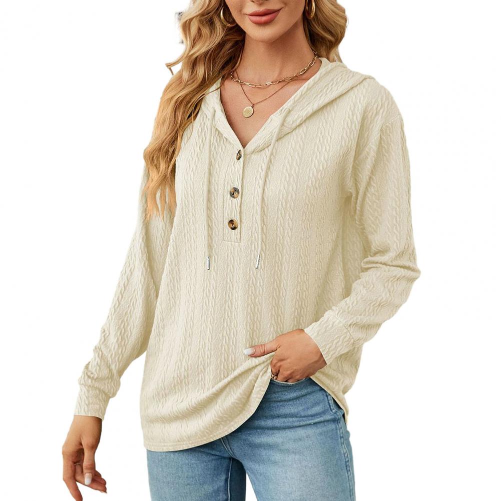 Women Autumn Winter Solid Color Hoodie Drawstring Buttons Neckline Long Sleeve Loose Fit Twist Texture Pullover Sweatshirt