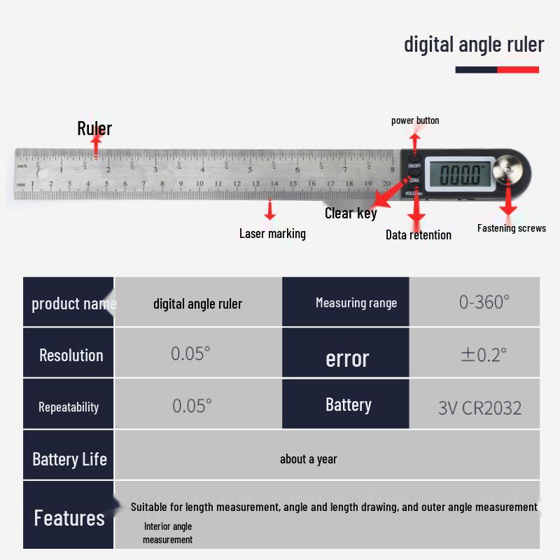 Stainless Steel Digital Protractor 360° Angle Measuring Tool for Woodworking
