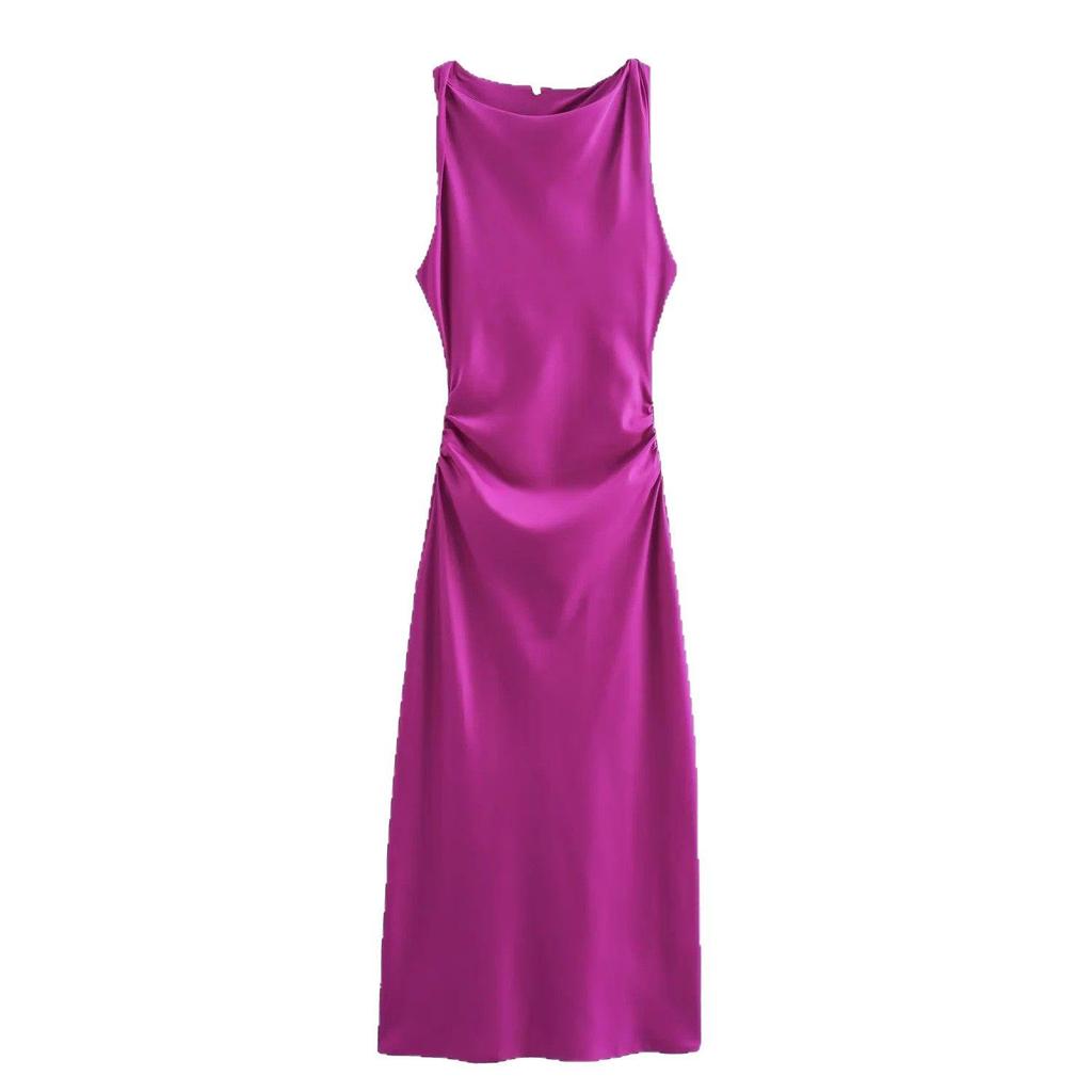 European and American Women's Satin Mid-length Dress with Ruched Waist and Cowl Neck.