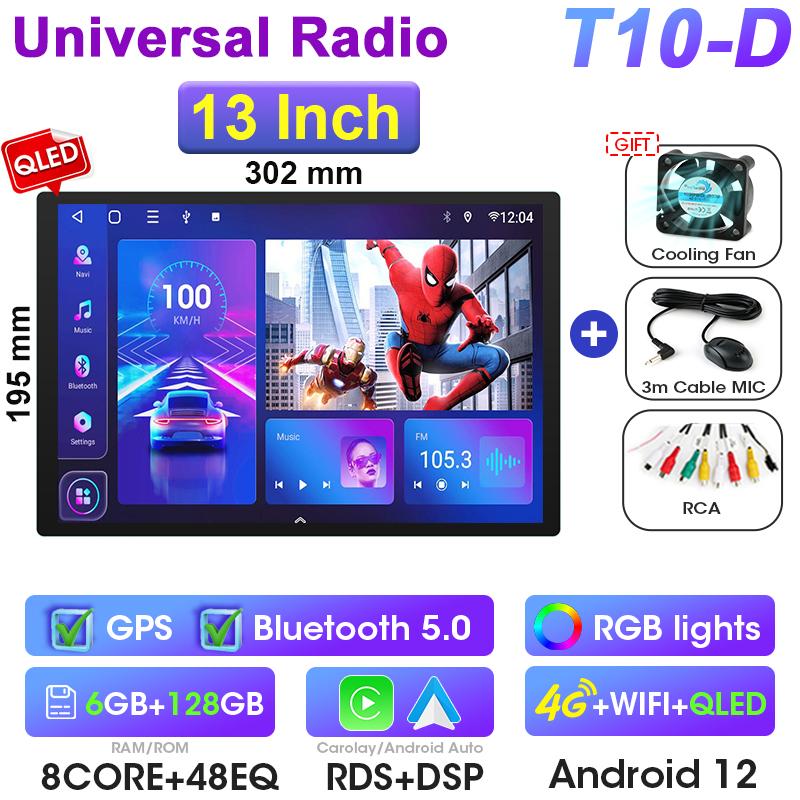 Universal 13" QLED 2 Din Android 12 Car Radio For Nissan Kia Honda Toyota Stereo Multimedia Video Player 1920*1200P Carplay Auto