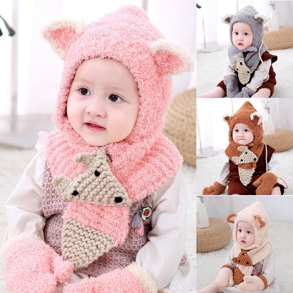 2Pcs Automne Hiver Bébé Tricot Chapeau Écharpe Set Cartoon Bear Garçons Filles