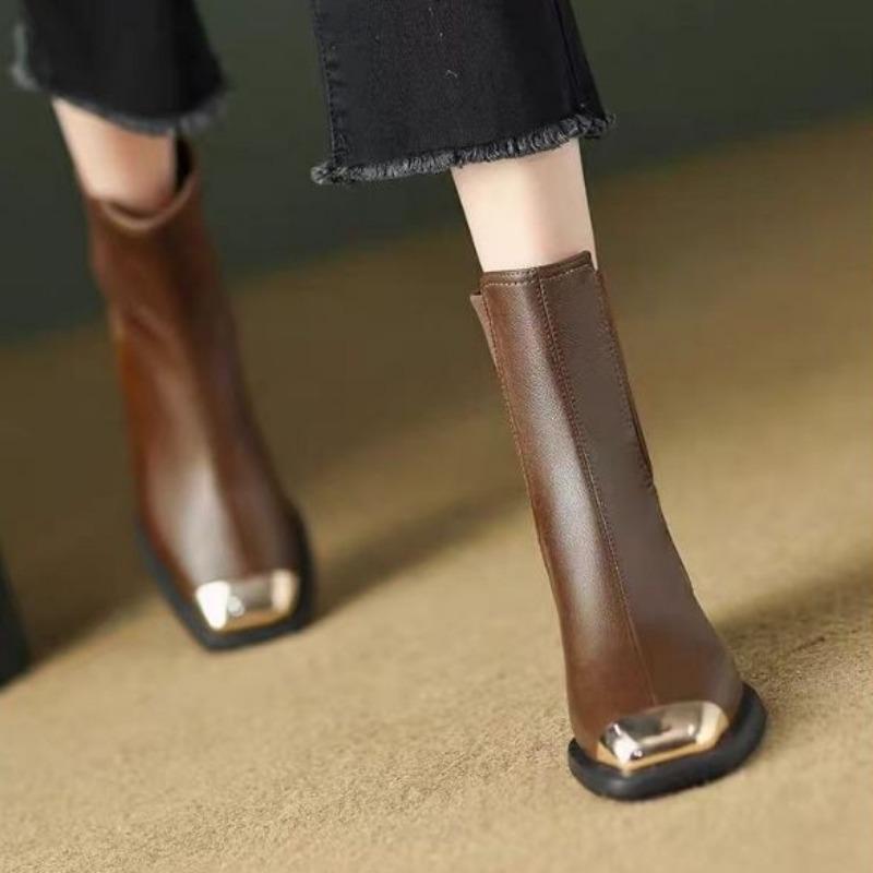 Fashion Mid Calf Shoes Woman Elastic Middle Heel Square Toe Black Half High Boots for Women on Offer Large Size Warm Footwear Promotion