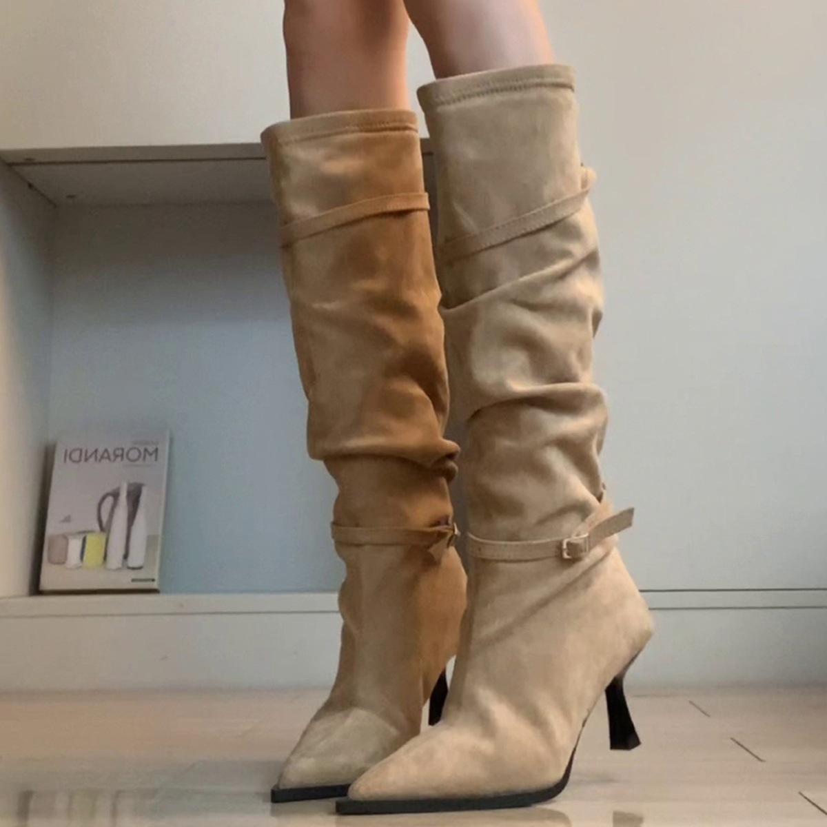 

High-heeled boots, temperament, folds, boots, women are thin, thin heels, pointed toes are no more than knees, high knight boots 35