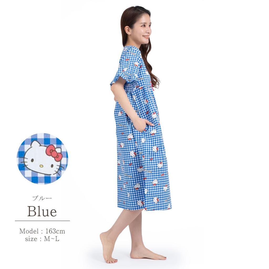 Hello Kitty One Piece Nightgown Cotton Broadband Button Front Room Wear Loungewear Gingham Hello Kitty [SAZAC] 100% Women's (Blue/M-L/SAN1779)