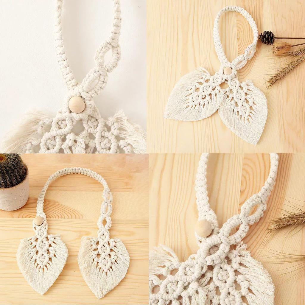 2 Pcs Boho Curtain Tiebacks,Curtain Tie Backs,Hand Knitting Cotton Curtain Holdbacks with Adjustable Natural Wooden Bead,Double Leaves Farmhouse