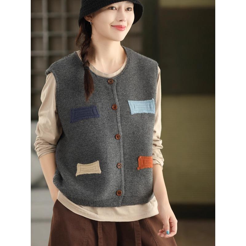 Dimanaf 2025 Women Sleeveless Autumn Buttons Vest Patch Sweaters Style Printing Knitting Loose Sweater