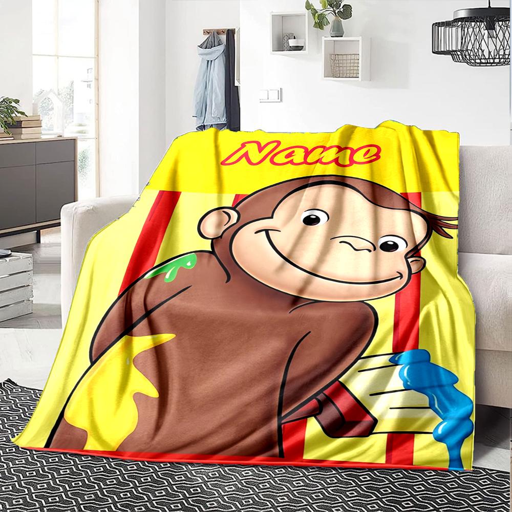 Custom Name Curious George Theme Printed Blanket - Perfect for Couch, Bed, Travel & Outdoor Use | Machine Washable, Cozy & Durable.