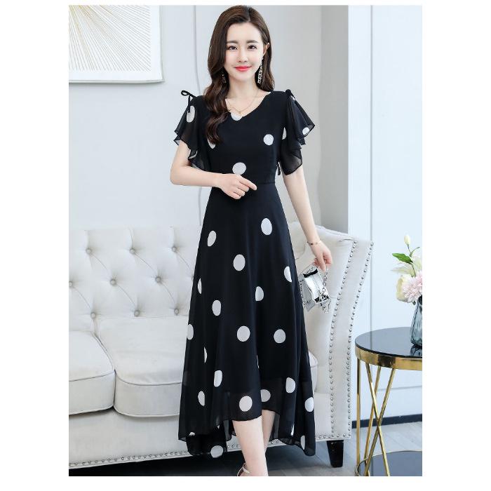 "Summer 2024 Polka Dot Chiffon Dress: Trendy Waist-Slimming, Knee-Length Skirt"
