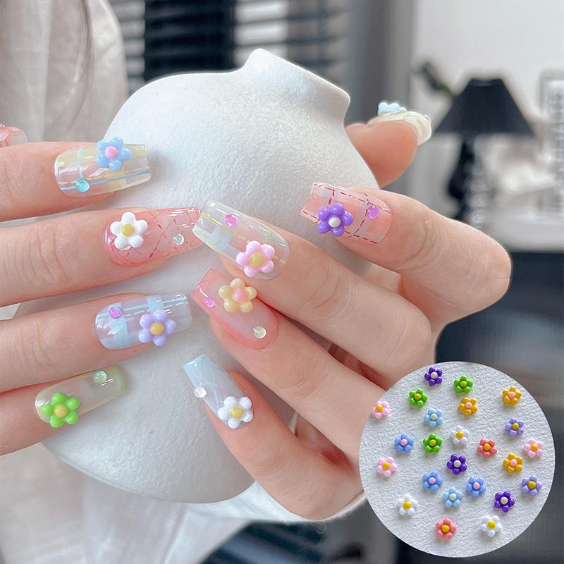 50Pcs Small Flower Nail Art Charms 3D Resin 5Petal Rhinestones Nail Decorations Kawaii Accessories Manicure Diy