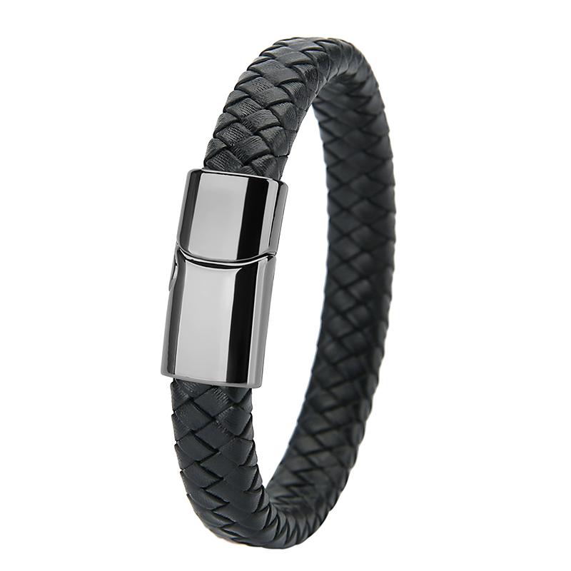 Mibrow Czarna Skórzana Pleciona Bransoleta Męska Rozmiar 10x5 12x6mm Modny Metalowy Magnetyczny Zapięcie Bransolety Owijane Punkowy Charm Biżuteria Męska