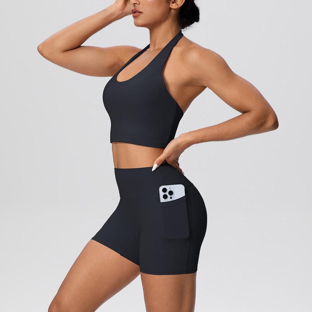 Solid Color Cross-Border Yoga Suit Set: Brushed Hanging Neck Vest with Pocket Pants and Fitness Shorts for Women
