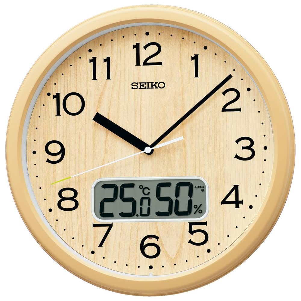 [2-Year Manufacturer s Extended Warranty] Seiko Clock Radio-Controlled Analog Wall Clock with Temperature and Humidity Display, Light Brown, Diameter