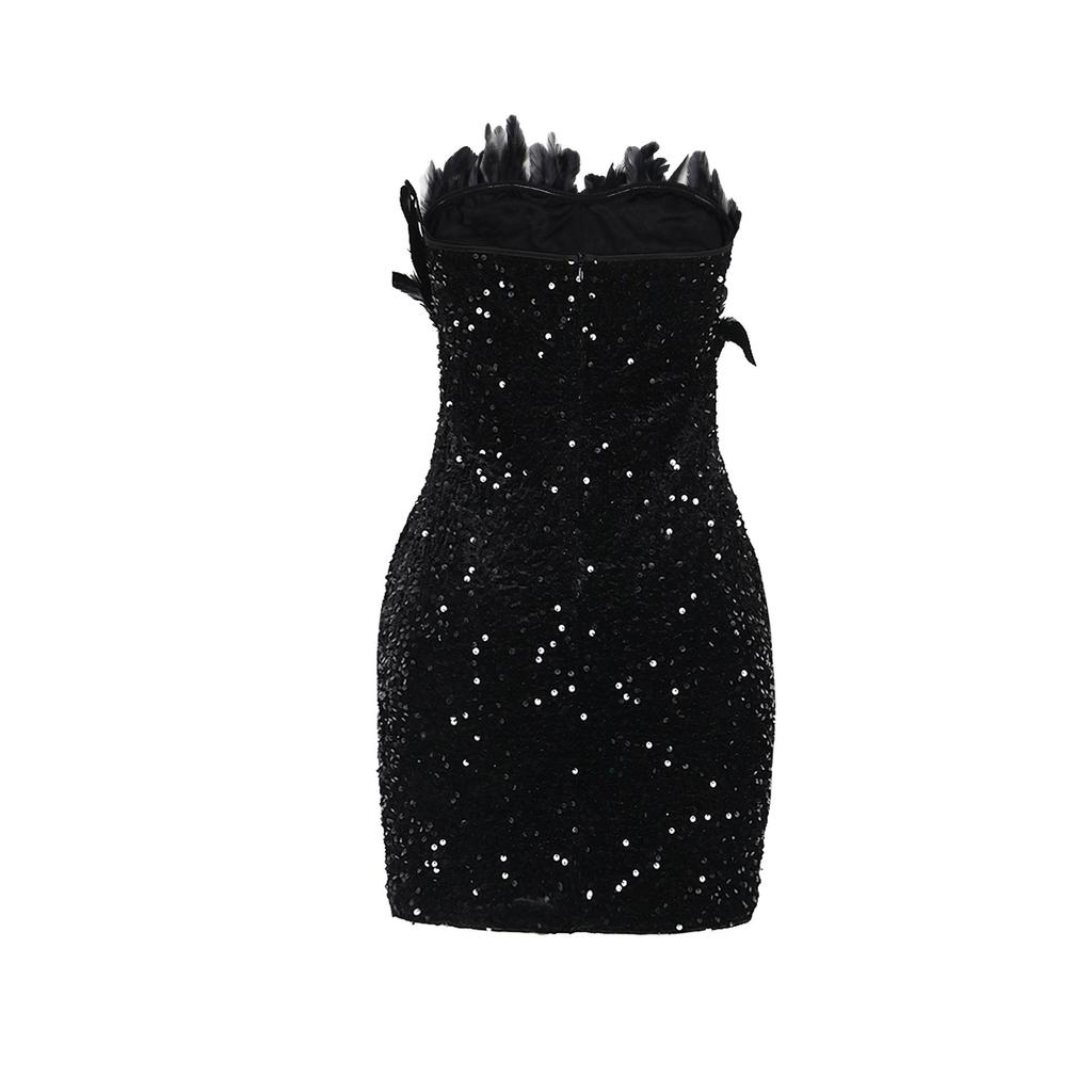 European & American Strapless Feather Sequin Bodycon Dress