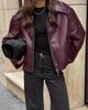Women's Burgundy Retro Motorcycle Leather Jacket - 2024 Autumn European & American Matte Style