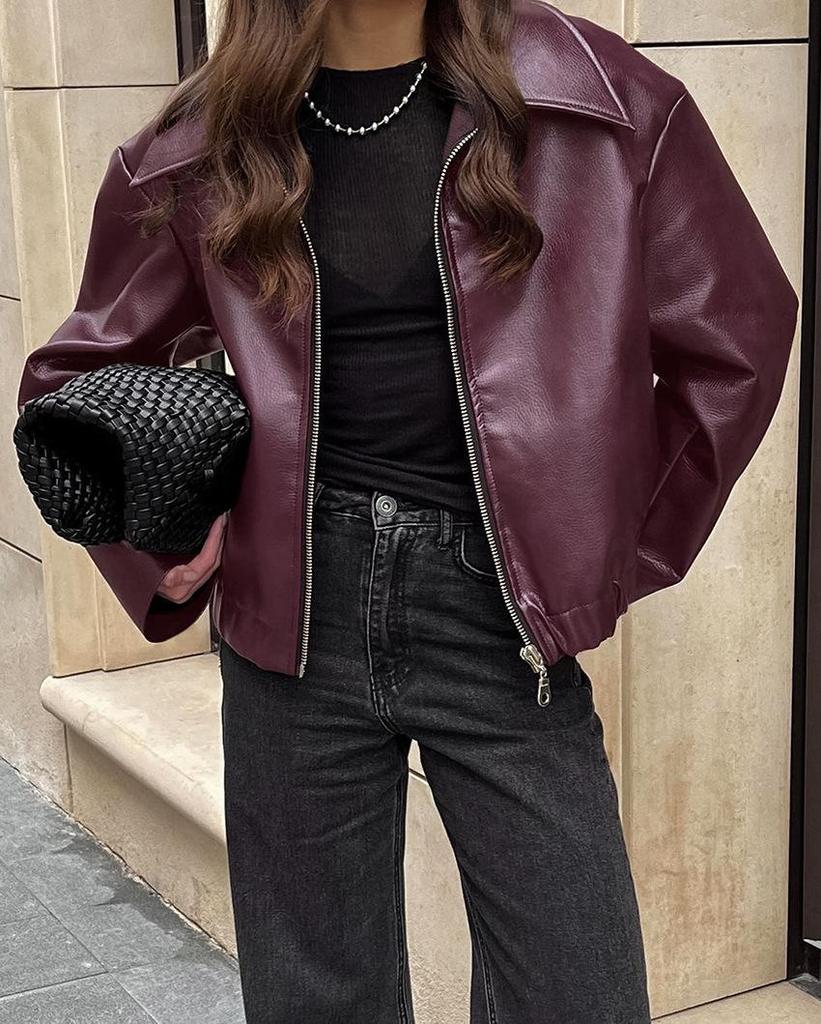 Women's Burgundy Retro Motorcycle Leather Jacket - 2024 Autumn European & American Matte Style
