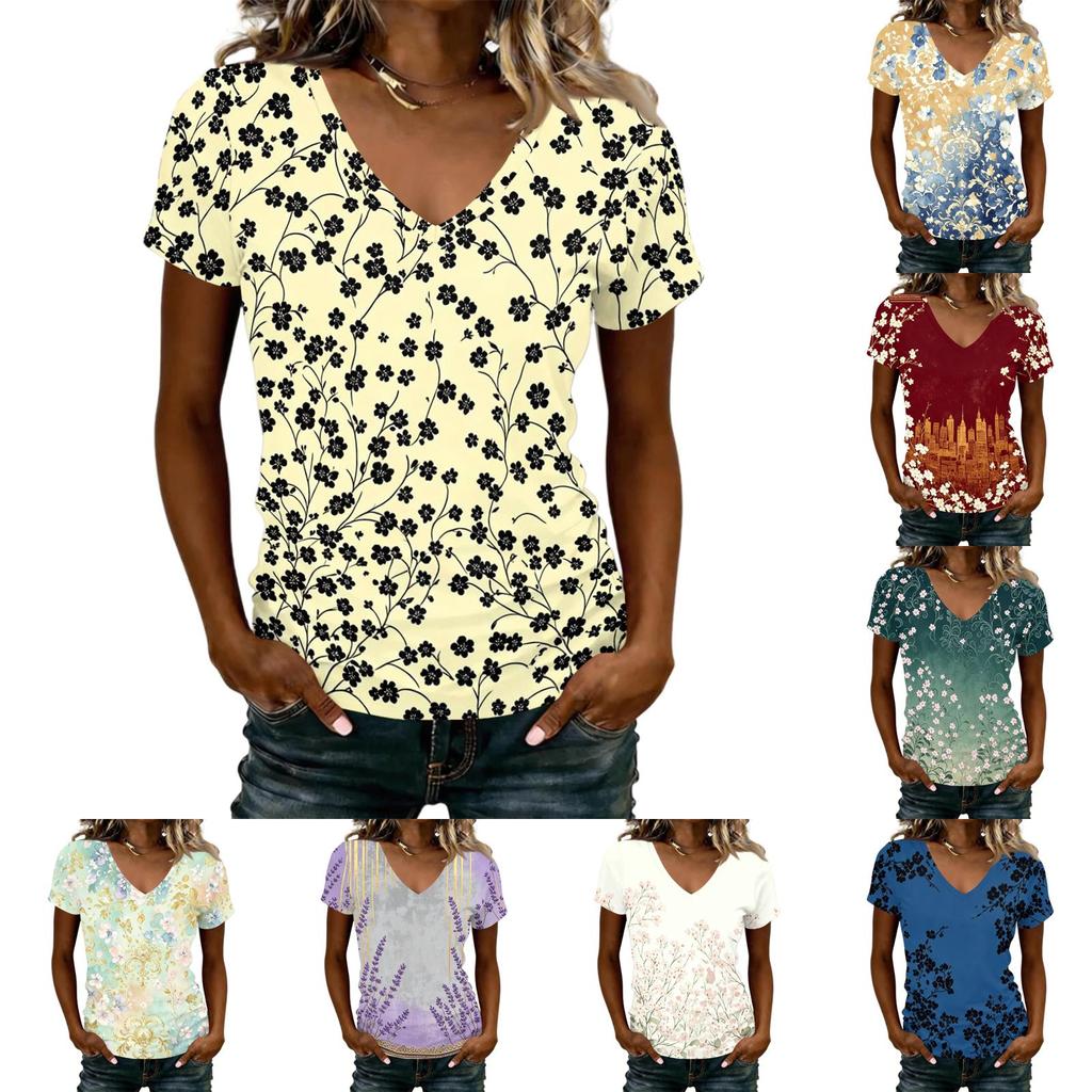 Women’s Casual V Neck Short Sleeve T Shirt with Floral Print Relaxed Fit Lightweight Top for Everyday Wear