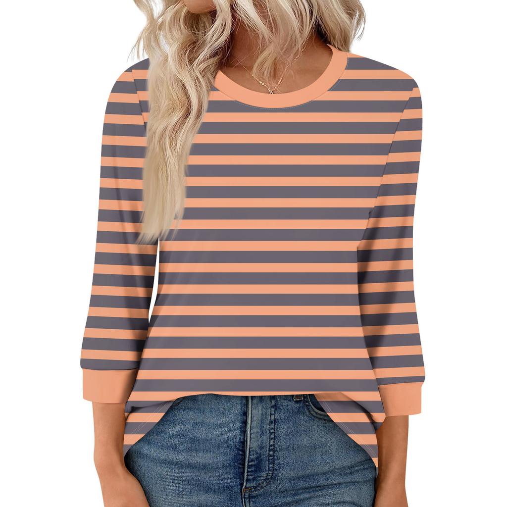 Women's Fashion Casual Seven Sleeve T-Shirt Print Round Neck Top