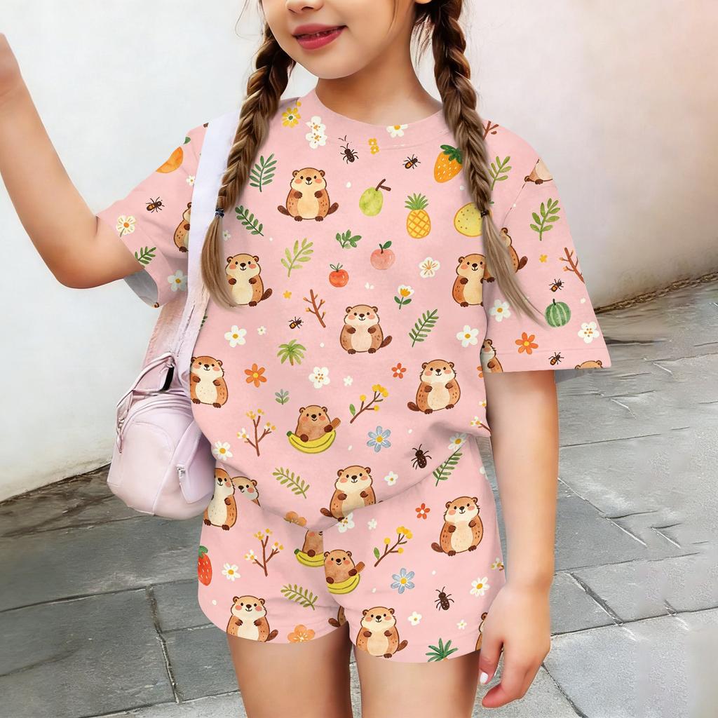 Kids Casual Short Sleeve Top and Shorts Set Animal Print Lightweight Comfortable Summer Outfit for Boys and Girls