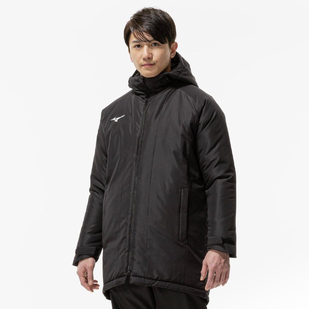 Mizuno Breath Thermo Insulated Training Black Mid-Length Coat, Heat-Generating Material, Water-Repellent, Windproof, 32MEC650,