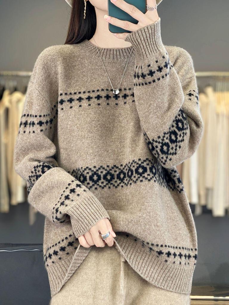 Autumn/Winter Women's Thick Wool Seven-Stitch Long Sleeve Knitwear with Four-Leaf Clover Jacquard