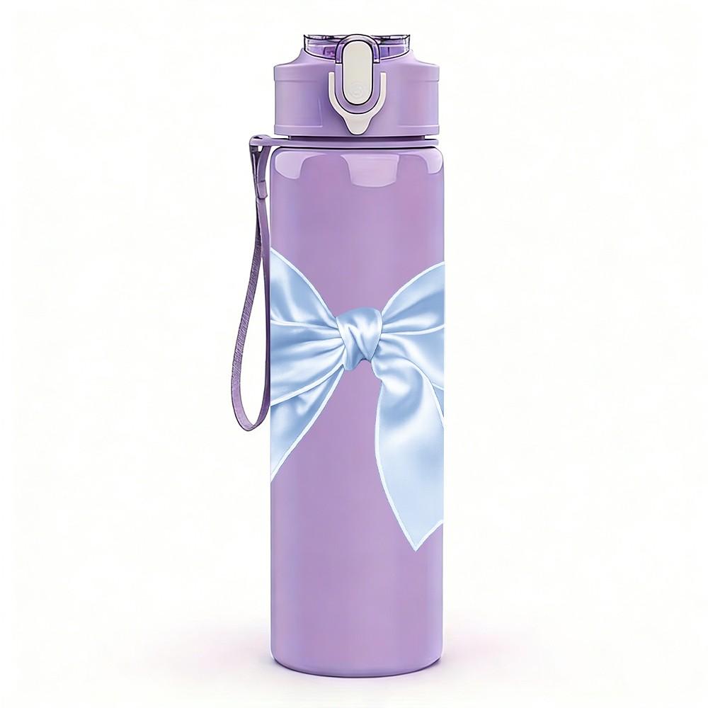 1PC Light Blue Satin Bow Decor Print 750ml Color Plastic Sports Water Bottle Leakproof Flip Straw Lid Suitable for Sports Office Home Use