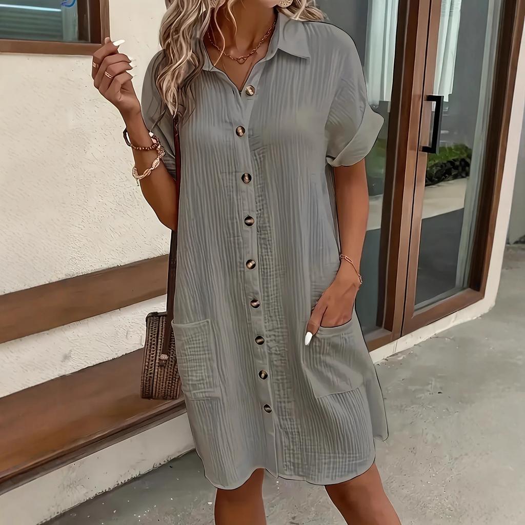 Summer casual solid color shirt breasted medium and long short-sleeved loose dress women's clothing