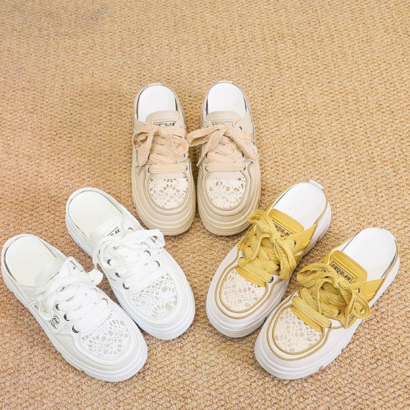 Baotou half slippers women's shoes wear new summer versatile breathable inner height increase white shoes