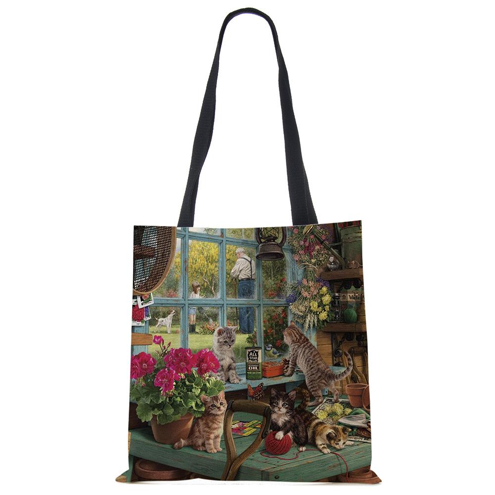 Customize Oil Painting Cat Print Womens Designer Tote Bags Linen Reusable Shopping Bag For Groceries Shoulder Bags for Lady 2020 Casually