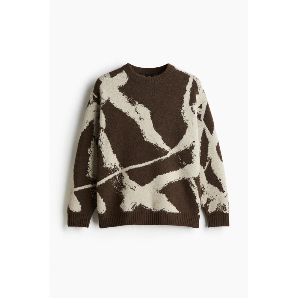 H M Loose Fit Jacquard Knit juMper Brown Pattern