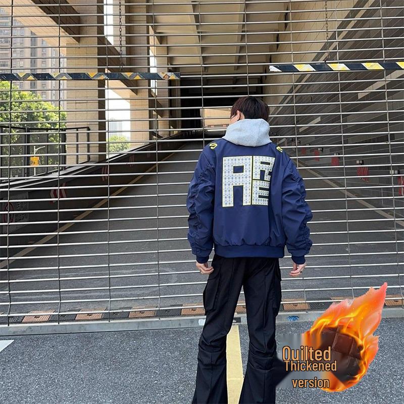 Unisex Winter Street Style Embroidered Bomber Jacket with Stand Collar