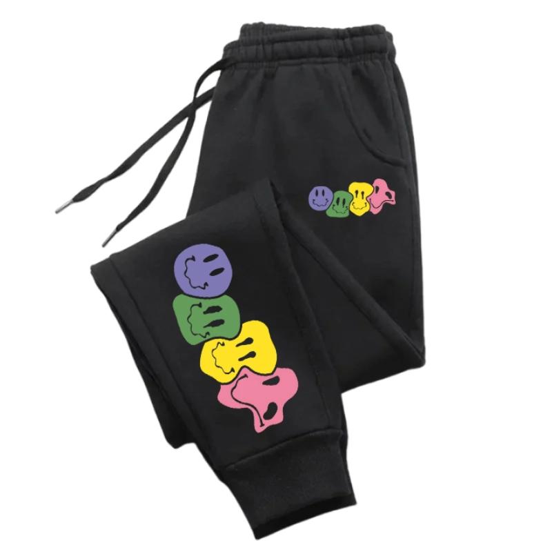 

Cute Smiling Face Printed Casual Versatile Comfortable Women Long Pant Fitness Jogging Trousers Drawstring Pockets Sweatpants S чорний