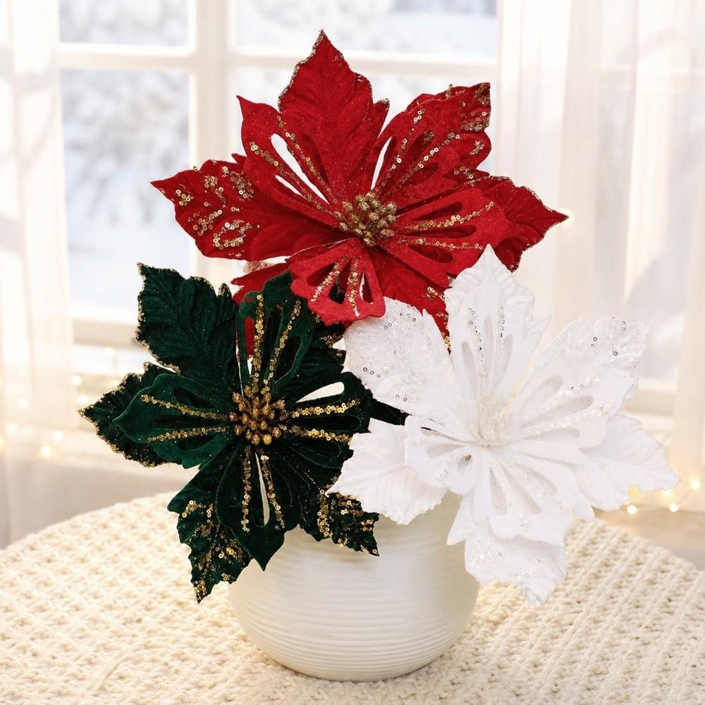 Flocking Velvet Artificial Poinsettia Realistic Holiday Xmas Flower Decor  Photo Props