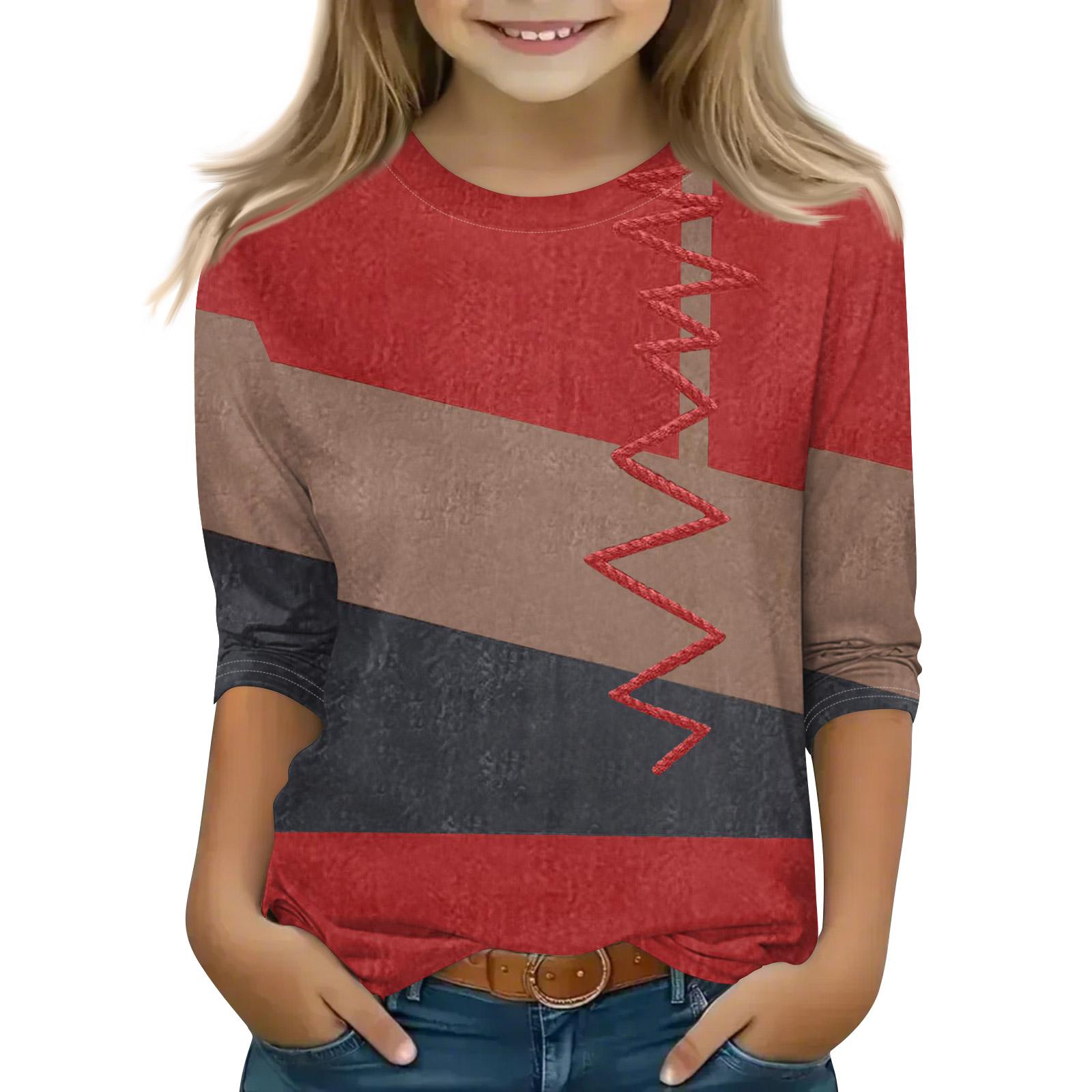 

Топы с принтом для девочек 5-16 лет с круглым вырезом и рукавами 3/4 Футболки Модные топы Наряды Футболки 140 красный