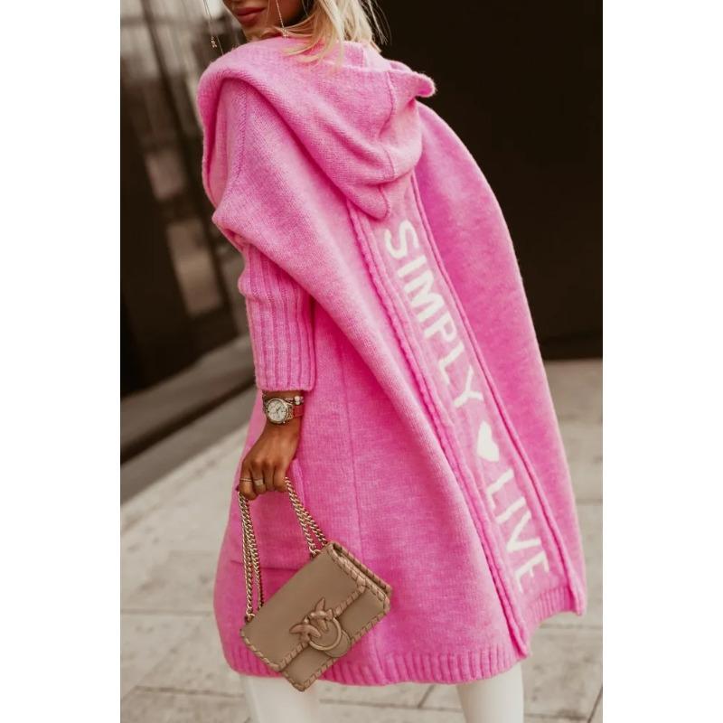 Letter Hooded Cardigan Knit Sweater Women Autumn Winter Loose Long Sleeve Coat Long Knitted Jacket Pocket Overcoat Office Lady