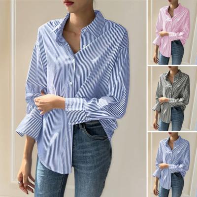 Frühling Sommer Damen Blusen Shirts Lady Casual Langarm Turn-down Blau Streifen Tops