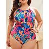2025 Large Plus Size Halter Swimsuit Women One Piece Floral Printed Swimwear Female Bathers Bathing Swimming Swim Suit Beachwear