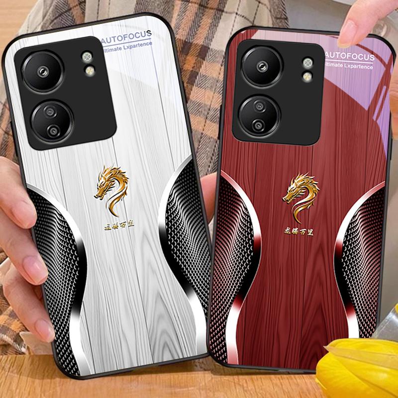 Holz Drache Schwarz Für Xiaomi Redmi 13C Note13 12 Pro Plus 5G Note 9 13T Pro POCO X6 F5 F6 Schwarz Gehärtetes Glas Handyhülle