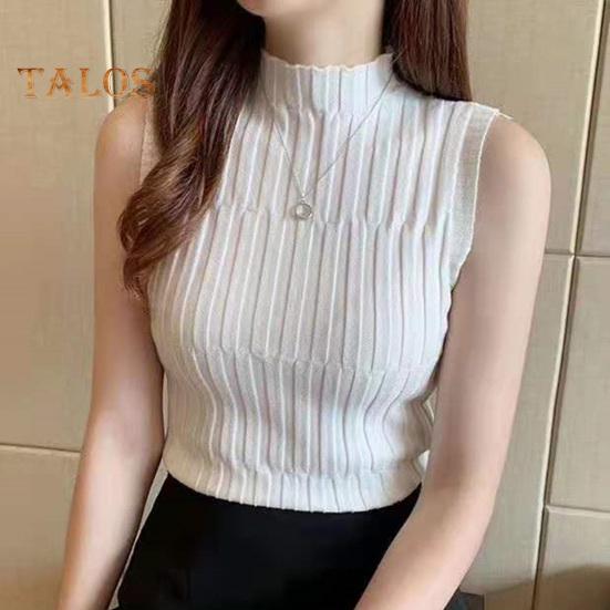 Women Summer Bottoming Vest Half High Collar Sleeveless Knitting Tops Slim Fit Solid Color Tank Tops Streetwear