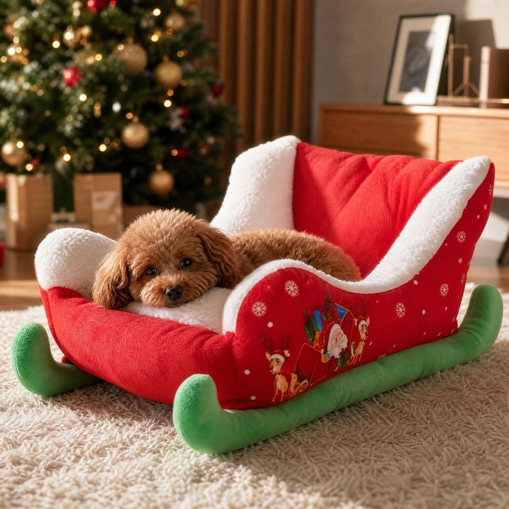 Christmas Sleigh Dog Bed for Small Dogs - All- Warm Pet Sofa, Cozy Indoor Sleeping Bed