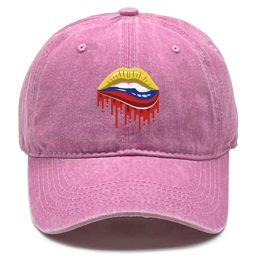Colombia Flag Mouth Print Snapback Baseball Hat, Patriotic Mesh Hat Stylish Curved Brim Retro Leisure Adjustable Sun Hat