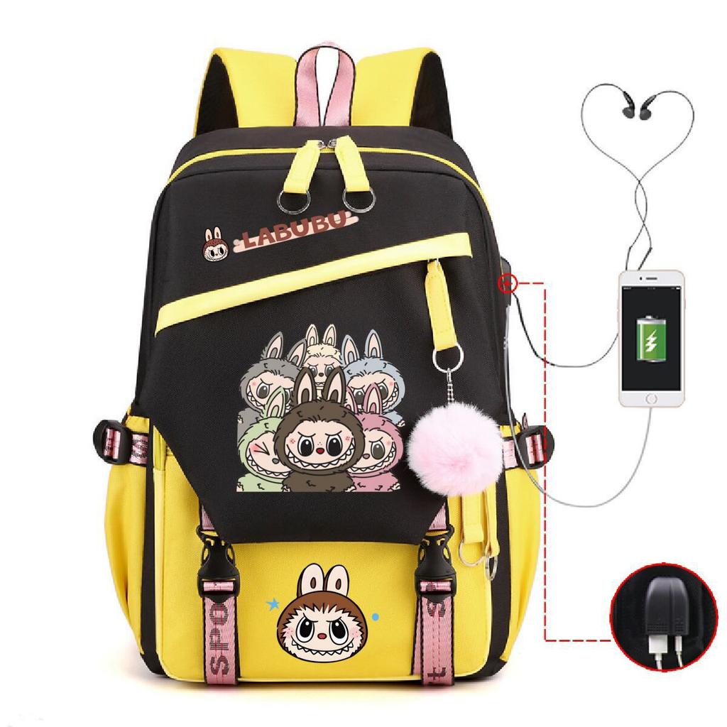Labubu printed student schoolbag multi-function large capacity backpack with USB port