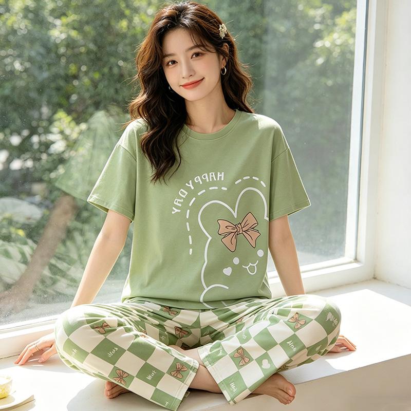 Plaid Cartoon Pajamas Women's Summer Vitality Girl Round Neck Short-sleeved Trousers Suit Casual Can Be Worn Outside Loungewear
