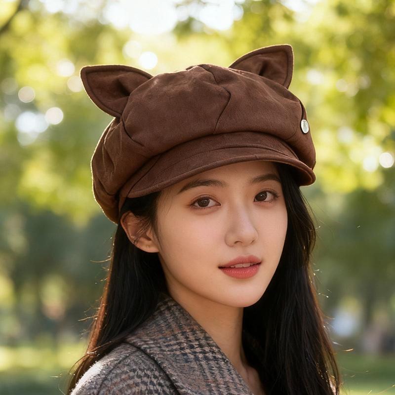 Autumn and winter cute versatile cat ears beret wide brim plain face newsboy hat