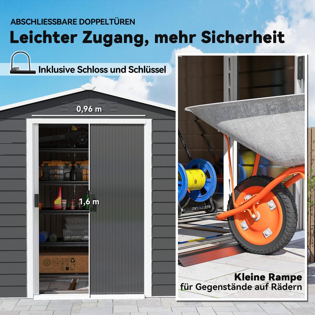 Metal Tool Shed, Weatherproof & Rust-Free, Lockable, 2.40 X 2.06 X 1.98 M, Dark Grey