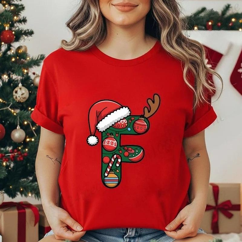 Festive Christmas Alphabet Letter Santa Hat Print Tshirt for Women Fashion T Shirt Streetwear Female Clothes Casual clothing