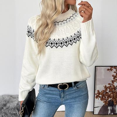 Top tricotat interior larg, Pulover, Pulover cu gât rotund și mâneci lungi, cu model jacquard, pentru femei